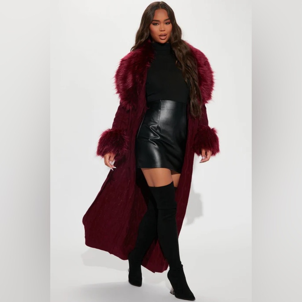 Glamorous Faux Fur Sweater Coat - Burgundy